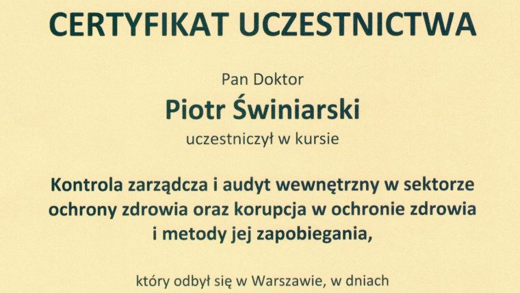 Uczestnictwo w kursie „Kontrola zarządcza I audyt wewnętrzny w sektorze ochrony zdrowia”